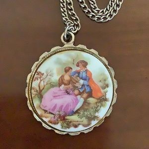 Vintage Hand Painted Victorian Romantic Scene Pendant Necklace